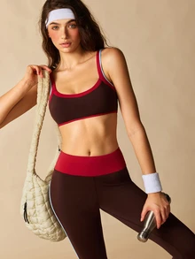 VARSIVA Women's Colorblock Patchwork Bra Leggings Sports Set Gym Workout Dark Brown Autumn Sporty Athletic - Multicolor - View 5