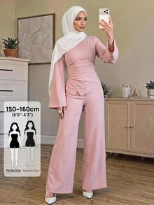 SHEIN PETITE Women's Solid Color Boat Neck Long Sleeve Top And Wide Leg Pants Casual 2 Pieces Set - Pink - View 12