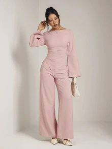 SHEIN PETITE Women's Solid Color Boat Neck Long Sleeve Top And Wide Leg Pants Casual 2 Pieces Set - Pink - View 7