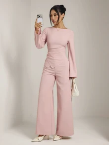 SHEIN PETITE Women's Solid Color Boat Neck Long Sleeve Top And Wide Leg Pants Casual 2 Pieces Set - Pink - View 3