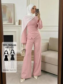 SHEIN PETITE Women's Solid Color Boat Neck Long Sleeve Top And Wide Leg Pants Casual 2 Pieces Set - Pink - View 13