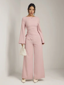 SHEIN PETITE Women's Solid Color Boat Neck Long Sleeve Top And Wide Leg Pants Casual 2 Pieces Set - Pink - View 6