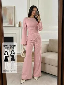 SHEIN PETITE Women's Solid Color Boat Neck Long Sleeve Top And Wide Leg Pants Casual 2 Pieces Set - Pink - View 1