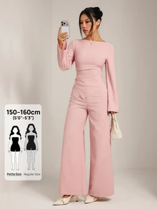 SHEIN PETITE Women's Solid Color Boat Neck Long Sleeve Top And Wide Leg Pants Casual 2 Pieces Set - Pink - View 9