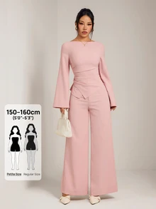 SHEIN PETITE Women's Solid Color Boat Neck Long Sleeve Top And Wide Leg Pants Casual 2 Pieces Set - Pink - View 10