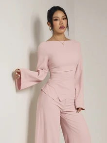 SHEIN PETITE Women's Solid Color Boat Neck Long Sleeve Top And Wide Leg Pants Casual 2 Pieces Set - Pink - View 4
