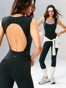 VARSIVA Women Polka Dot Patchwork Backless Sports Activewear Jumpsuit - Multicolor - View 2