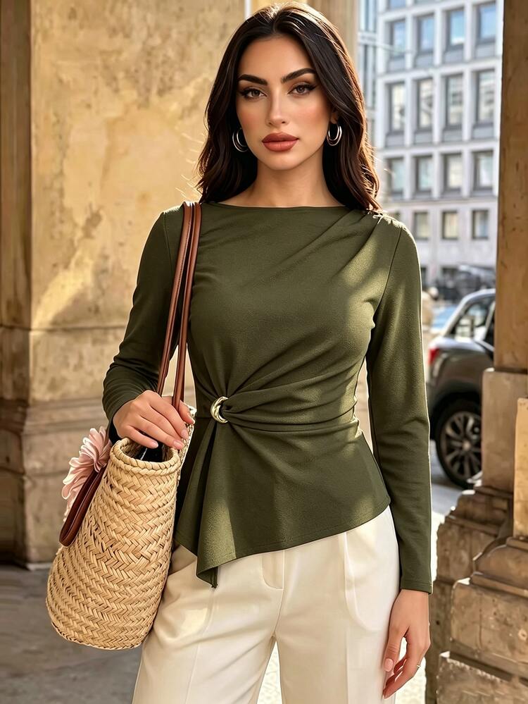 Elenzga Fashionable Elegant Asymmetrical Shoulder Textured Waist-Cinching Top For Women - Army Green - View 5