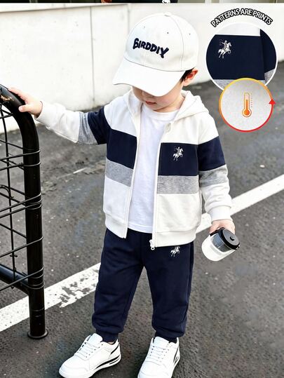 Young Boys Sweatshirt Jacket Casual Navy White Gray Striped Horse Print Long Sleeve Hooded Zip-Up Fleece Lined School Fall Cute
