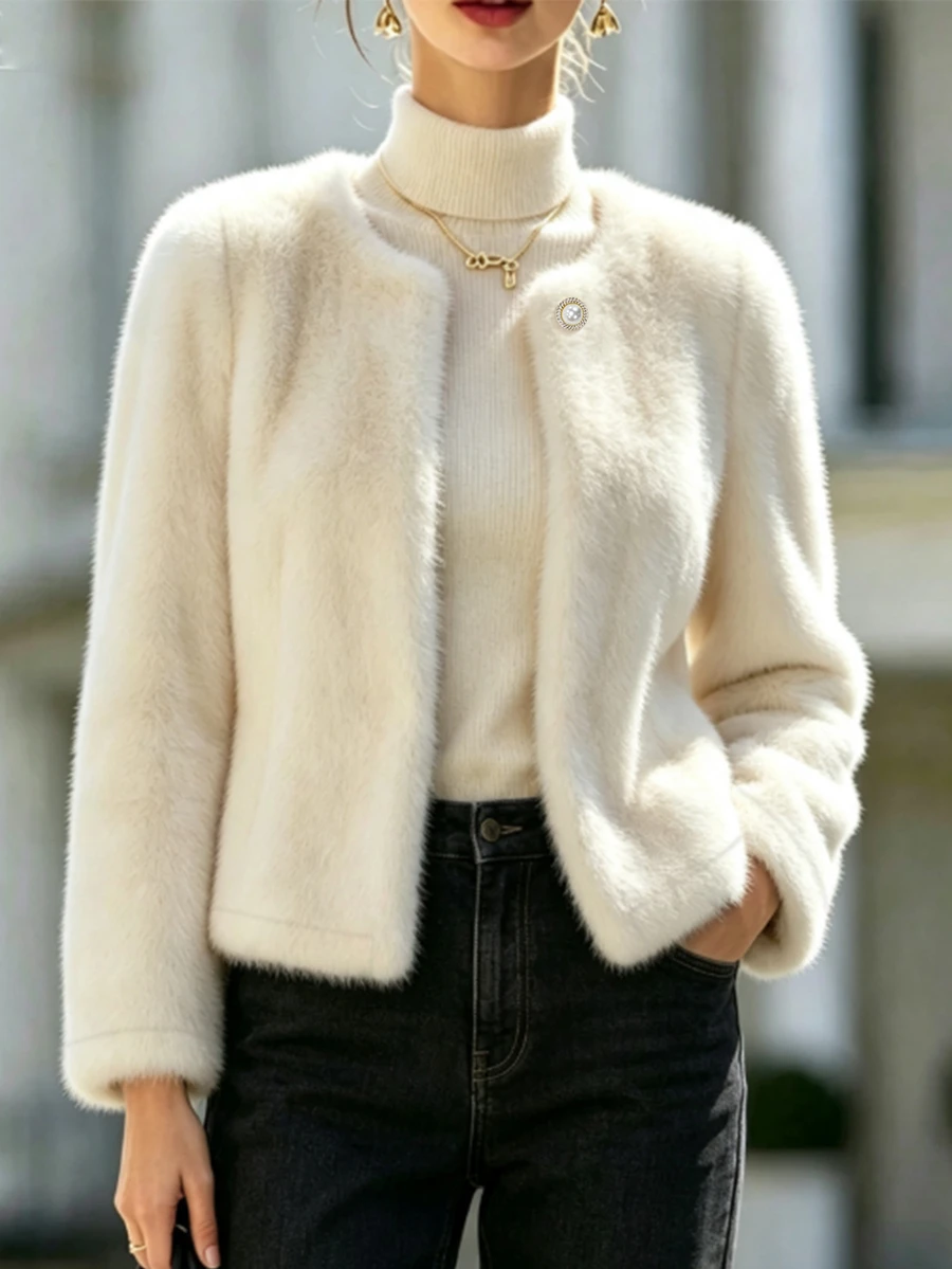 SHEIN Franclia Women's Fall/Winter Cream Round Neck Single-Button Plush Short Jacket, Long-Sleeve Pocket Fuzzy Cardigan, Elegant Occasion Wear For Daily Commute Date - Apricot - View 1