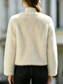 SHEIN Franclia Women's Fall/Winter Cream Round Neck Single-Button Plush Short Jacket, Long-Sleeve Pocket Fuzzy Cardigan, Elegant Occasion Wear For Daily Commute Date - Apricot - View 3