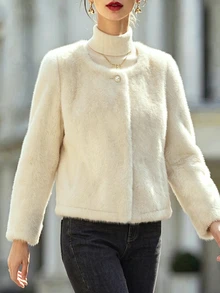 SHEIN Franclia Women's Fall/Winter Cream Round Neck Single-Button Plush Short Jacket, Long-Sleeve Pocket Fuzzy Cardigan, Elegant Occasion Wear For Daily Commute Date - Apricot - View 5