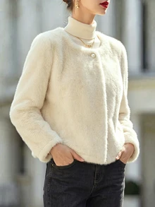 SHEIN Franclia Women's Fall/Winter Cream Round Neck Single-Button Plush Short Jacket, Long-Sleeve Pocket Fuzzy Cardigan, Elegant Occasion Wear For Daily Commute Date - Apricot - View 7