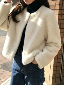 SHEIN Franclia Women's Fall/Winter Cream Round Neck Single-Button Plush Short Jacket, Long-Sleeve Pocket Fuzzy Cardigan, Elegant Occasion Wear For Daily Commute Date - Apricot - View 2