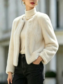 SHEIN Franclia Women's Fall/Winter Cream Round Neck Single-Button Plush Short Jacket, Long-Sleeve Pocket Fuzzy Cardigan, Elegant Occasion Wear For Daily Commute Date - Apricot - View 8
