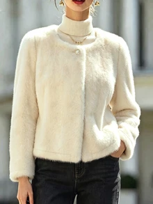 SHEIN Franclia Women's Fall/Winter Cream Round Neck Single-Button Plush Short Jacket, Long-Sleeve Pocket Fuzzy Cardigan, Elegant Occasion Wear For Daily Commute Date - Apricot - View 9