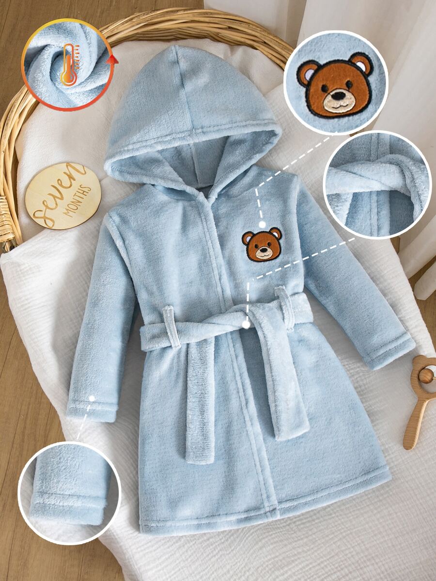 Autumn/Winter Plush Baby Boy Hooded Double-Sided Flannel Long Sleeve Bear Embroidery Cute Fun Pattern Single Piece Hot-Selling Style Pajamas Loungewear Simple Design Essential Comfortable Soft Fabric - Blue - View 1