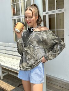 INAWLY 女款不對稱領衛衣，綠色迷彩秋季休閒街頭風極簡時尚套頭衫，適合日常穿著、畢業季、返校季 - 軍綠色 - 查看 3