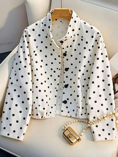 SHEIN Franclia เสื้อแจ็กเก็ตผู้หญิงสไตล์วินเทจฝรั่งเศส ลายจุดสีดำและขาว ทรงหลวม คอตั้ง กระดุมแถวเดียว ทรงครอปสั้น