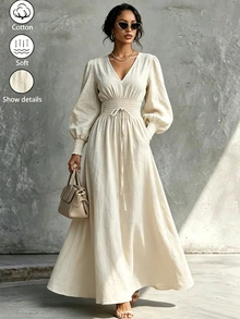 Eryvara Women's Fall New Elegant French Slim Fit Long Dress, Suitable For Daily Commute Vacation And Teachers' Day Wear High Tea Dinner White - Apricot - View 2