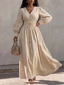 Eryvara Women's Fall New Elegant French Slim Fit Long Dress, Suitable For Daily Commute Vacation And Teachers' Day Wear High Tea Dinner White - Apricot - View 4
