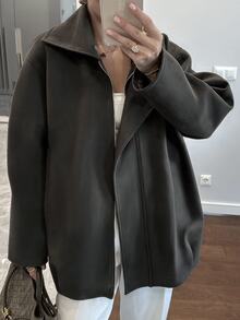 EMERY ROSE Women's Fall Olive Green Overcoat, Loose Fit Lapel Collar Simple Commute Casual Versatile Outerwear Office Traveling Hiking Everyday Going Out - Dark Green - View 5