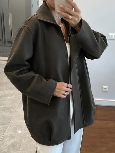EMERY ROSE Standard Size Women's Autumn/Winter Army Green Overcoat, Loose Fit Lapel Collar Simple Commute Casual Versatile Outerwear