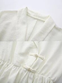 SHEIN Gaun Maxi Zen Wanita Gaya Cina Baru Bertekstur Beige untuk Musim Semi/Panas/Musim Panas/Musim Gugur, Kerah Silang Leher V, Kancing Katak Buatan Tangan, Lengan Panjang, Pinggang Elastis, Rok Penuh - Aprikot - View 8