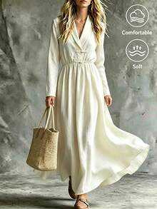 SHEIN Gaun Maxi Zen Wanita Gaya Cina Baru Bertekstur Beige untuk Musim Semi/Panas/Musim Panas/Musim Gugur, Kerah Silang Leher V, Kancing Katak Buatan Tangan, Lengan Panjang, Pinggang Elastis, Rok Penuh - Aprikot - View 5