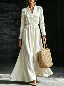 SHEIN Gaun Maxi Zen Wanita Gaya Cina Baru Bertekstur Beige untuk Musim Semi/Panas/Musim Panas/Musim Gugur, Kerah Silang Leher V, Kancing Katak Buatan Tangan, Lengan Panjang, Pinggang Elastis, Rok Penuh - Aprikot - View 3