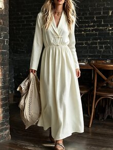 SHEIN Gaun Maxi Zen Wanita Gaya Cina Baru Bertekstur Beige untuk Musim Semi/Panas/Musim Panas/Musim Gugur, Kerah Silang Leher V, Kancing Katak Buatan Tangan, Lengan Panjang, Pinggang Elastis, Rok Penuh - Aprikot - View 6