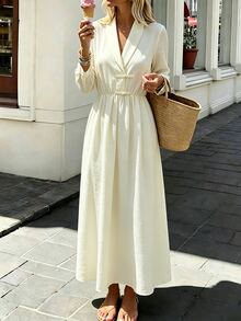 SHEIN Gaun Maxi Zen Wanita Gaya Cina Baru Bertekstur Beige untuk Musim Semi/Panas/Musim Panas/Musim Gugur, Kerah Silang Leher V, Kancing Katak Buatan Tangan, Lengan Panjang, Pinggang Elastis, Rok Penuh - Aprikot - View 7