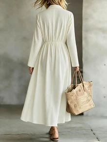 SHEIN Gaun Maxi Zen Wanita Gaya Cina Baru Bertekstur Beige untuk Musim Semi/Panas/Musim Panas/Musim Gugur, Kerah Silang Leher V, Kancing Katak Buatan Tangan, Lengan Panjang, Pinggang Elastis, Rok Penuh - Aprikot - View 4