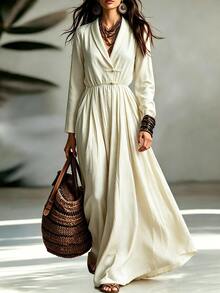 SHEIN Gaun Maxi Zen Wanita Gaya Cina Baru Bertekstur Beige untuk Musim Semi/Panas/Musim Panas/Musim Gugur, Kerah Silang Leher V, Kancing Katak Buatan Tangan, Lengan Panjang, Pinggang Elastis, Rok Penuh - Aprikot - View 2