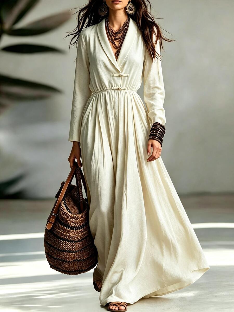 SHEIN Gaun Maxi Zen Wanita Gaya Cina Baru Bertekstur Beige untuk Musim Semi/Panas/Musim Panas/Musim Gugur, Kerah Silang Leher V, Kancing Katak Buatan Tangan, Lengan Panjang, Pinggang Elastis, Rok Penuh