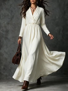 SHEIN Gaun Maxi Zen Wanita Gaya Cina Baru Bertekstur Beige untuk Musim Semi/Panas/Musim Panas/Musim Gugur, Kerah Silang Leher V, Kancing Katak Buatan Tangan, Lengan Panjang, Pinggang Elastis, Rok Penuh - Aprikot - View 9
