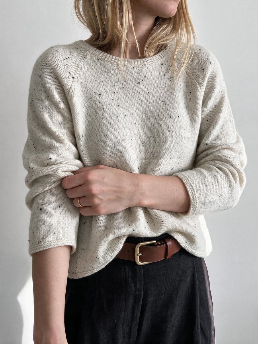 Sprig & Strand Spring/Autumn French Fresh Style Speckled Knit Sweater, Round Neck Raglan Long Sleeve Cinched Waist Ruffle Hem Loose Top, Daily Commute Campus Date Layering Versatile Sweet Girly Style Women's Sweater - Light Grey - View 1