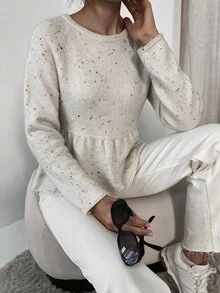 Sprig & Strand Spring/Autumn French Fresh Style Speckled Knit Sweater, Round Neck Raglan Long Sleeve Cinched Waist Ruffle Hem Loose Top, Daily Commute Campus Date Layering Versatile Sweet Girly Style Women's Sweater - Light Grey - View 7