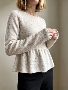 Sprig & Strand Spring/Autumn French Fresh Style Speckled Knit Sweater, Round Neck Raglan Long Sleeve Cinched Waist Ruffle Hem Loose Top, Daily Commute Campus Date Layering Versatile Sweet Girly Style Women's Sweater - Light Grey - View 3