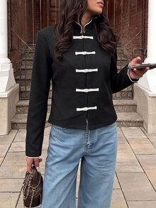 Siren Gaze Women's New Fall Colorblock Frog Button Jacket Date Night Party Black And White Elegant - Black - View 11