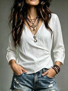 Trelyra Autumn/Summer French Style V-Neck 3/4 Sleeve Vintage Elegant Cross-Front Casual Top - White - View 1