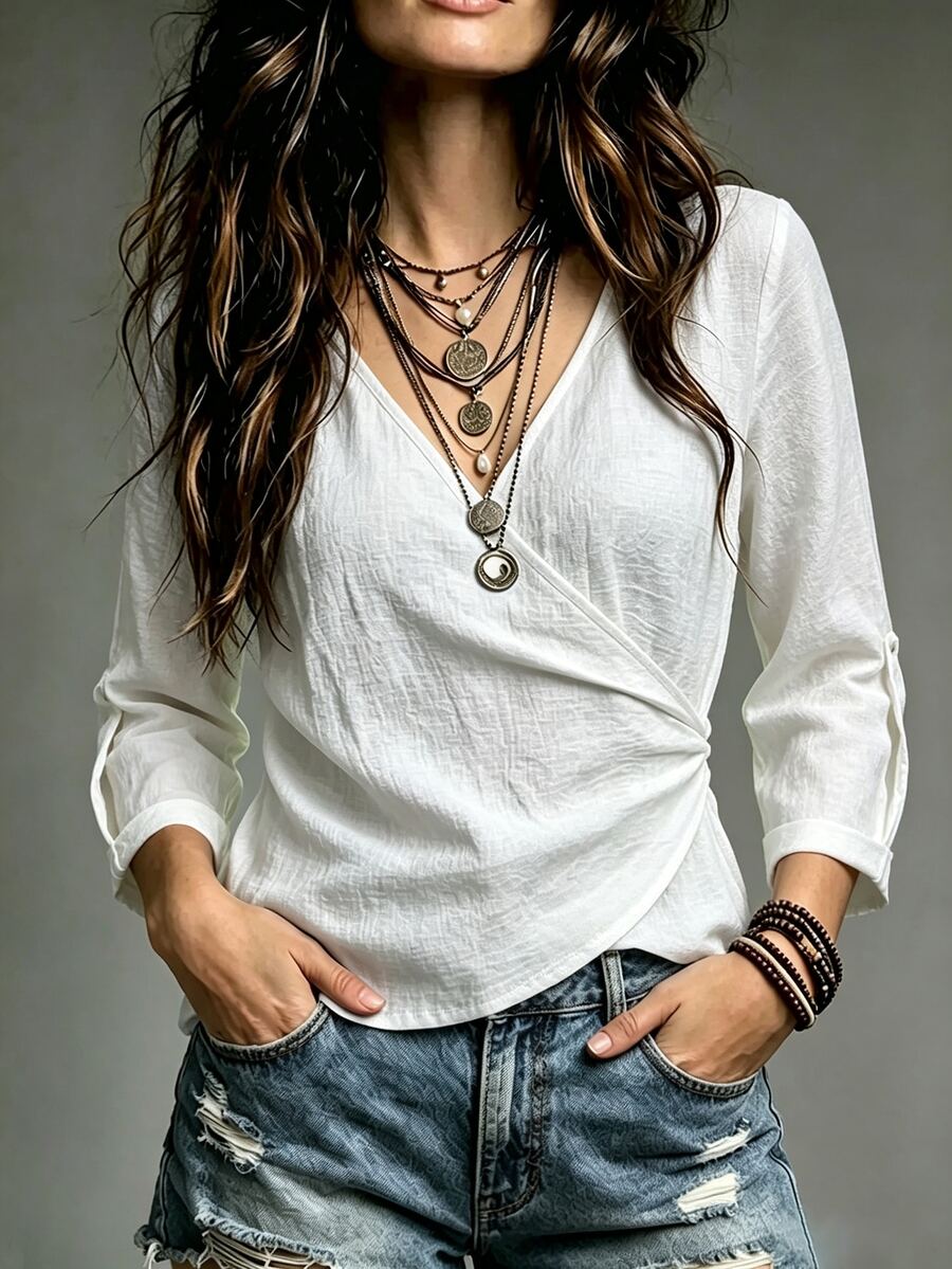 Trelyra Autumn/Summer French Style V-Neck 3/4 Sleeve Vintage Elegant Cross-Front Casual Top - White - View 1
