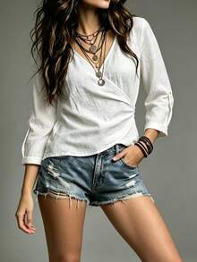 Trelyra Autumn/Summer French Style V-Neck 3/4 Sleeve Vintage Elegant Cross-Front Casual Top - White - View 3
