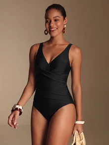Swim Chiccia Summer Beach Women Solid Color Simple Style One-Piece Swimsuit For Vacation - Black - View 7