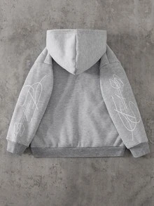 SHEIN 青少年男孩字母印花長袖拉鍊休閒運動衫 - 灰色 - 查看 2