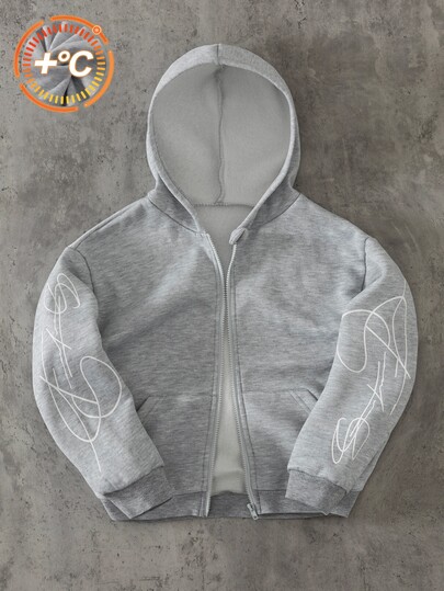 SHEIN Tween Boy Letter Print Long Sleeve Zip-Up Casual Sweatshirt
