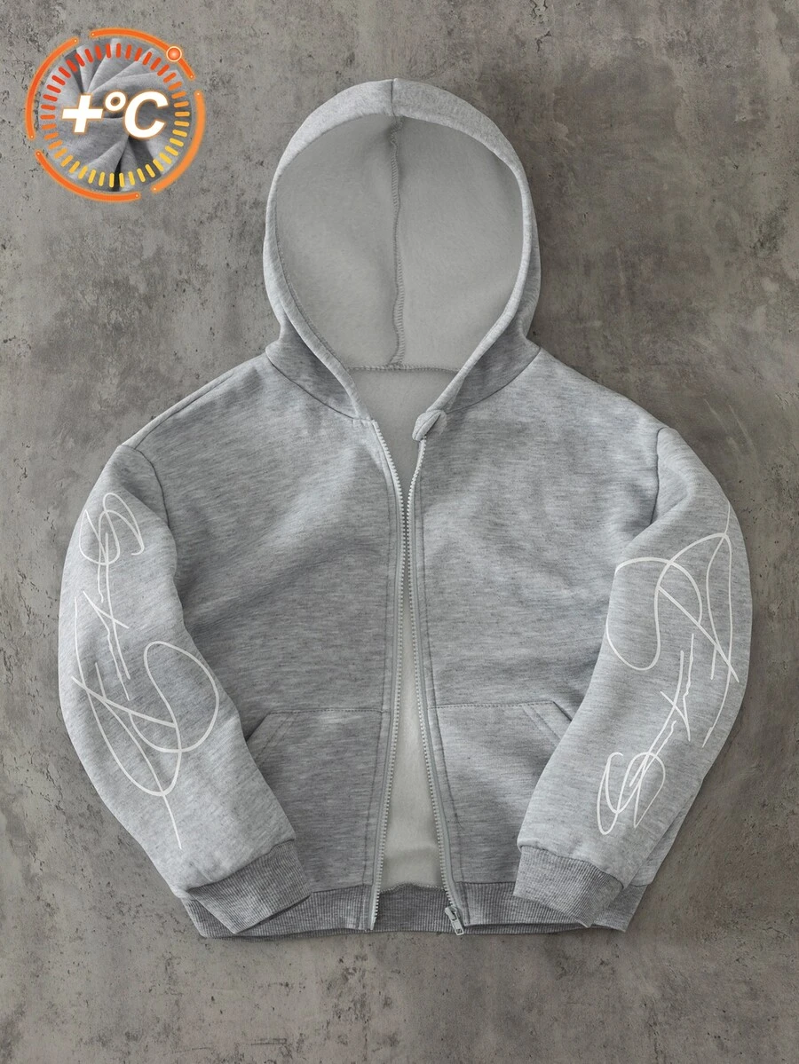 SHEIN 青少年男孩字母印花長袖拉鍊休閒運動衫 - 灰色 - 查看 1