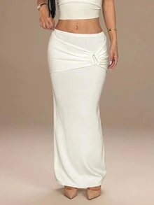 SHEIN PETITE تنورة محبوكة ضيقة بلون موحد للنساء - أبيض - مشاهدة 8