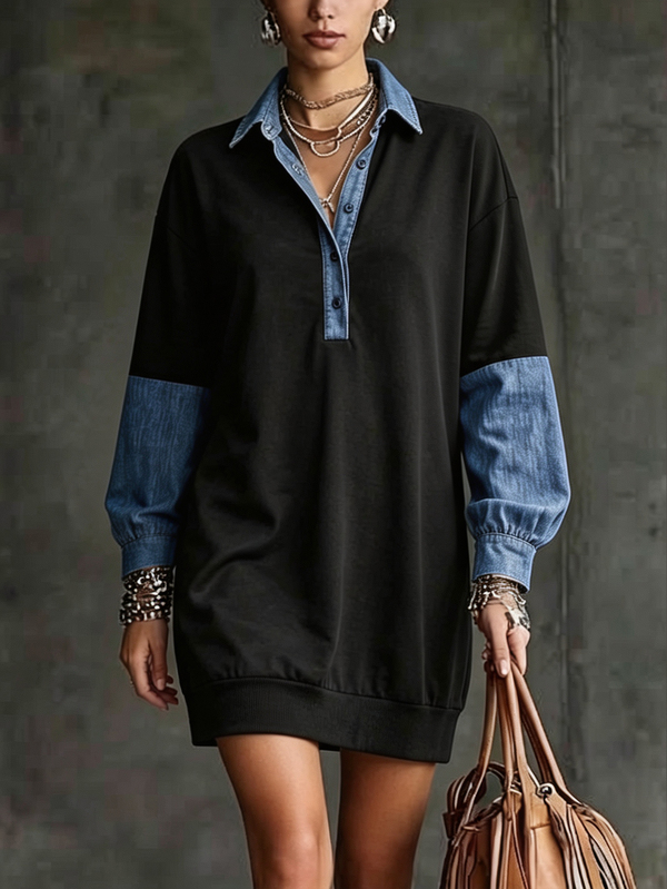 Trelyra Women's Fall Black Patchwork Denim Print Long-Sleeve Sweatshirt Dress, Lapel Button-Down Loose Casual Dress, Occasion Wear For Daily Outing Commute