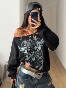 Coolane 女款秋冬街頭風外出穿搭 復古水洗鬆垮版 鉚孔眼扣 哥德風 Y2K - 黑色 - 查看 3